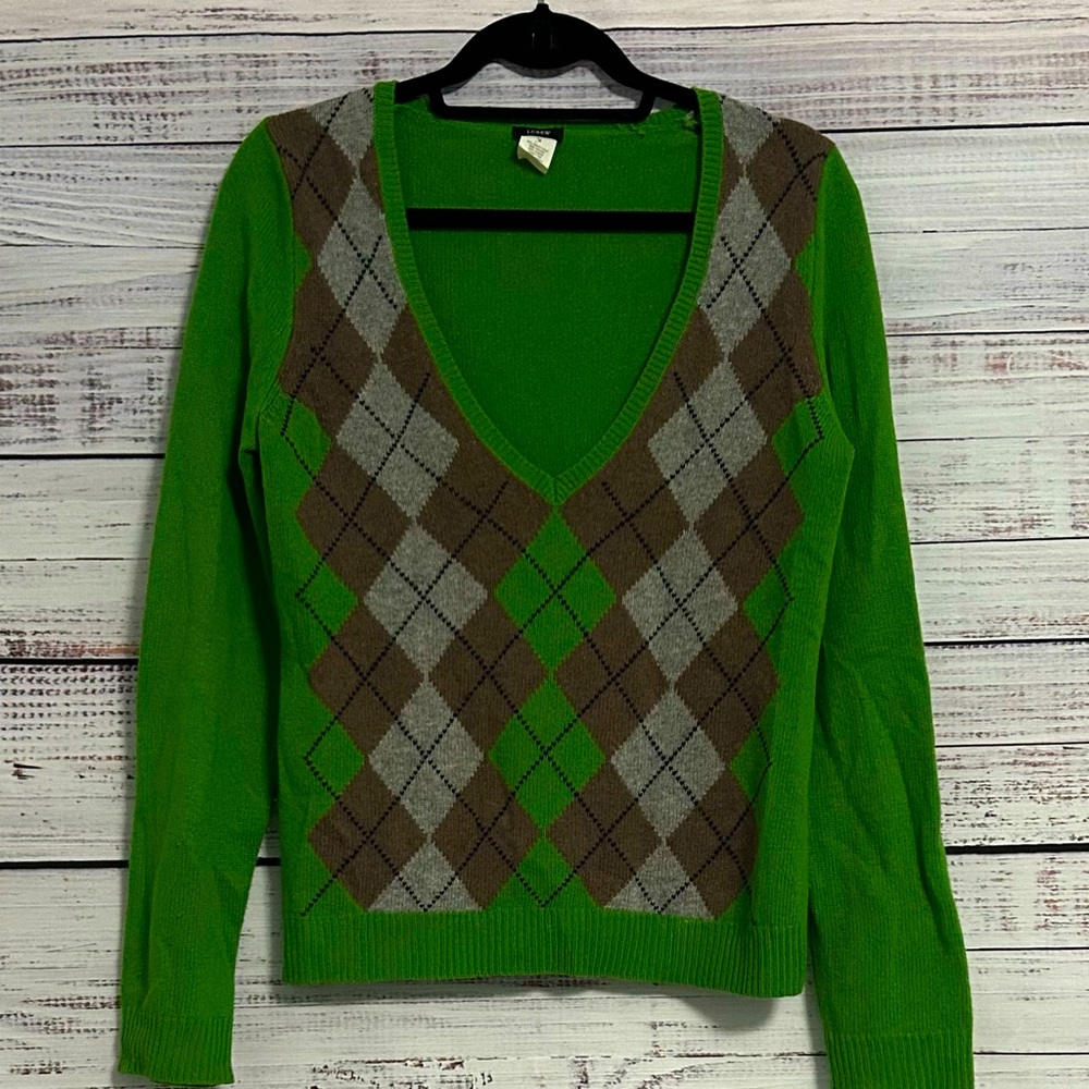 J.Crew Green Argyle V-Neck Sweater Women’s M – Merino Wool Angora Cashmere Blend